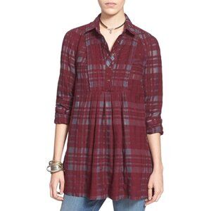 Free People Baby Blues Burgundy Gray Plain Flannel Pintuck Top